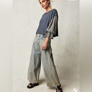 Free People Gray Ruffle Sleeve  Top